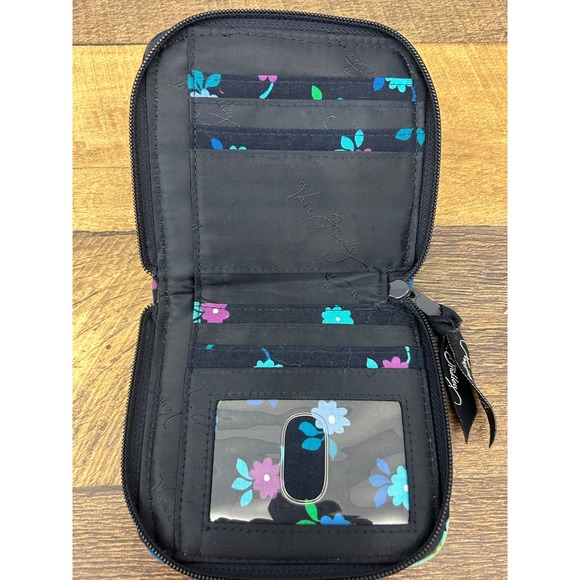 Vera Bradley Small Zip Around Wallet Black Floral Quilted Cotton ID Window - Picture 5 of 6